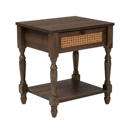 Dark Brown Nightstand with Rattan Accents and Wooden Legs