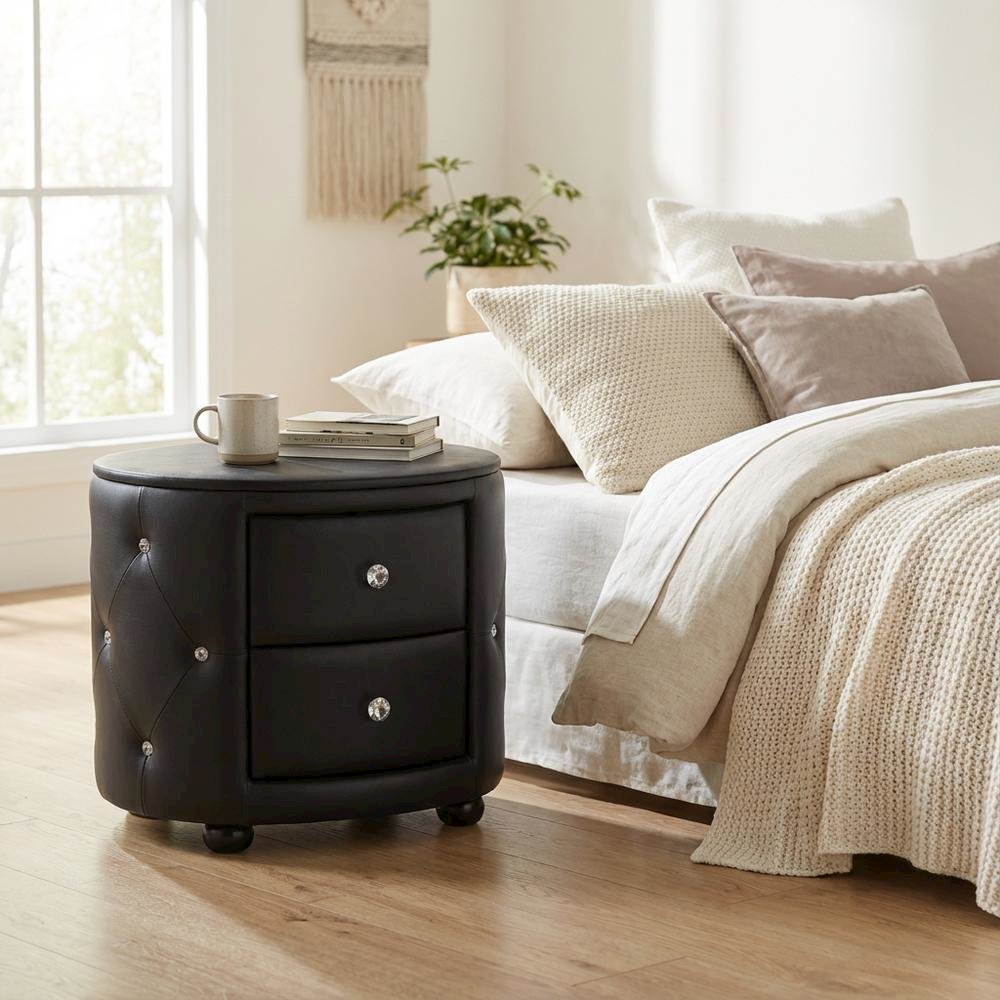 Glamour Style Black Faux Leather Nightstand with 2 Drawers and Oval Design