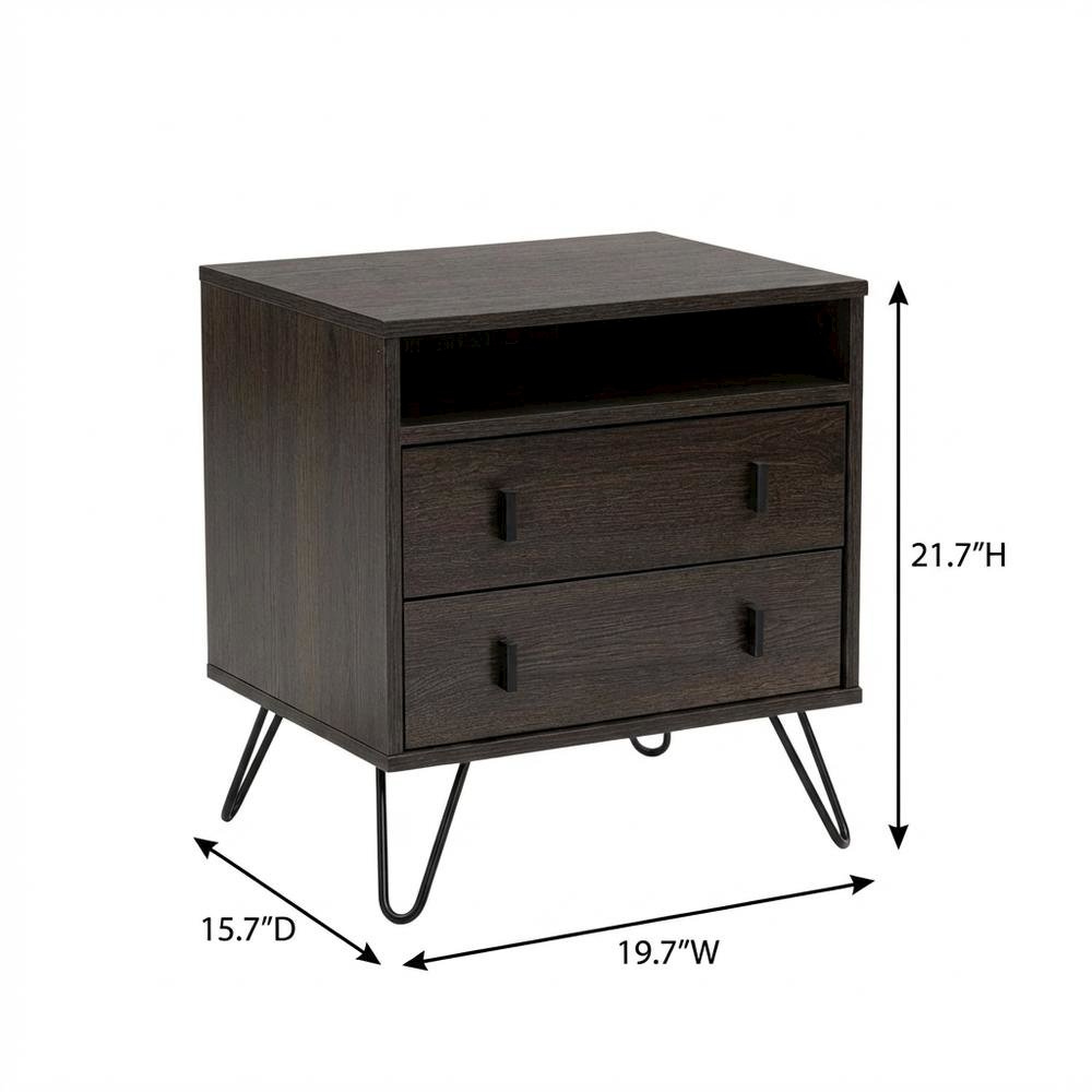 Dark Brown Finish Wood and Metal Nightstand with Drawer Storage for Bedroom