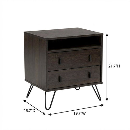 Dark Brown Finish Wood and Metal Nightstand with Drawer Storage for Bedroom