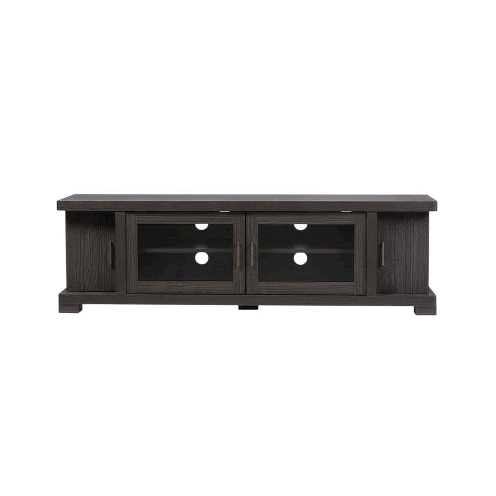 Contemporary Brown Wood TV Stand with Glass Doors and Elegant Finish