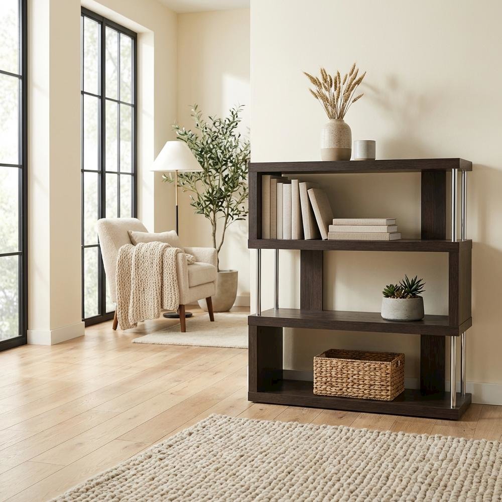 Modern Brown Bookcase with Three Shelves and Steel Frame