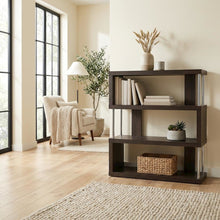 Modern Brown Bookcase with Three Shelves and Steel Frame