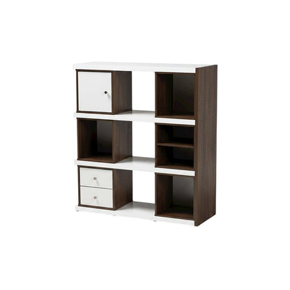 Modern Two-Tone White and Walnut Brown Bookcase with 2 Drawers