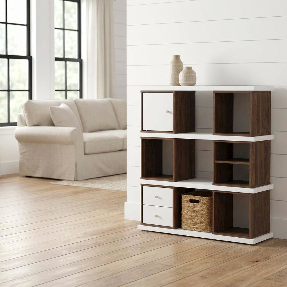 Modern Two-Tone White and Walnut Brown Bookcase with 2 Drawers
