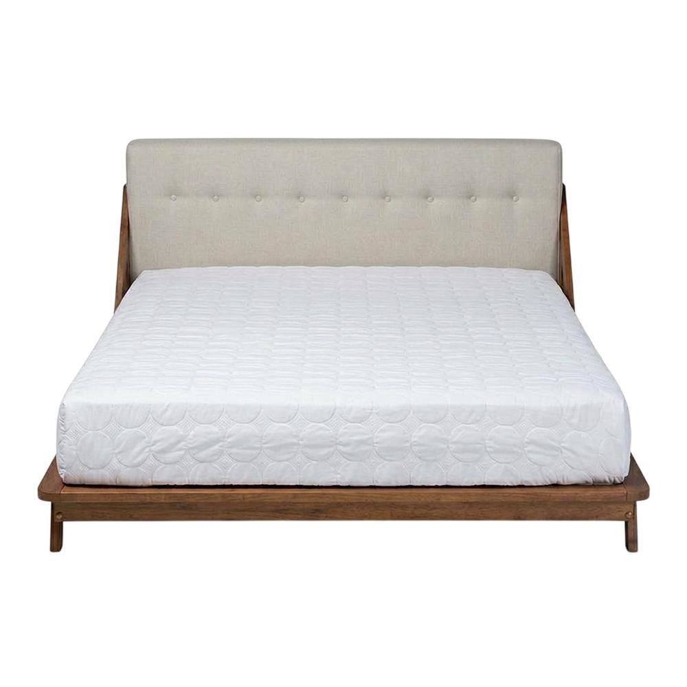 Mid-Century Modern Platform Bed in Light Beige Fabric with Button Tufting