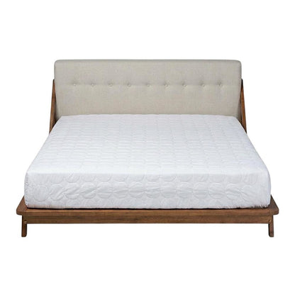 Mid-Century Modern Platform Bed in Light Beige Fabric with Button Tufting