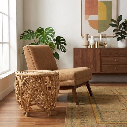 Natural Brown Rattan End Table with Stylish Wooden Frame