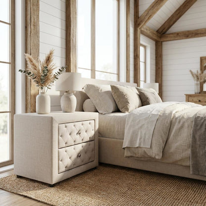 Light Beige Fabric Upholstered Nightstand with Wood Frame and Button Tufting