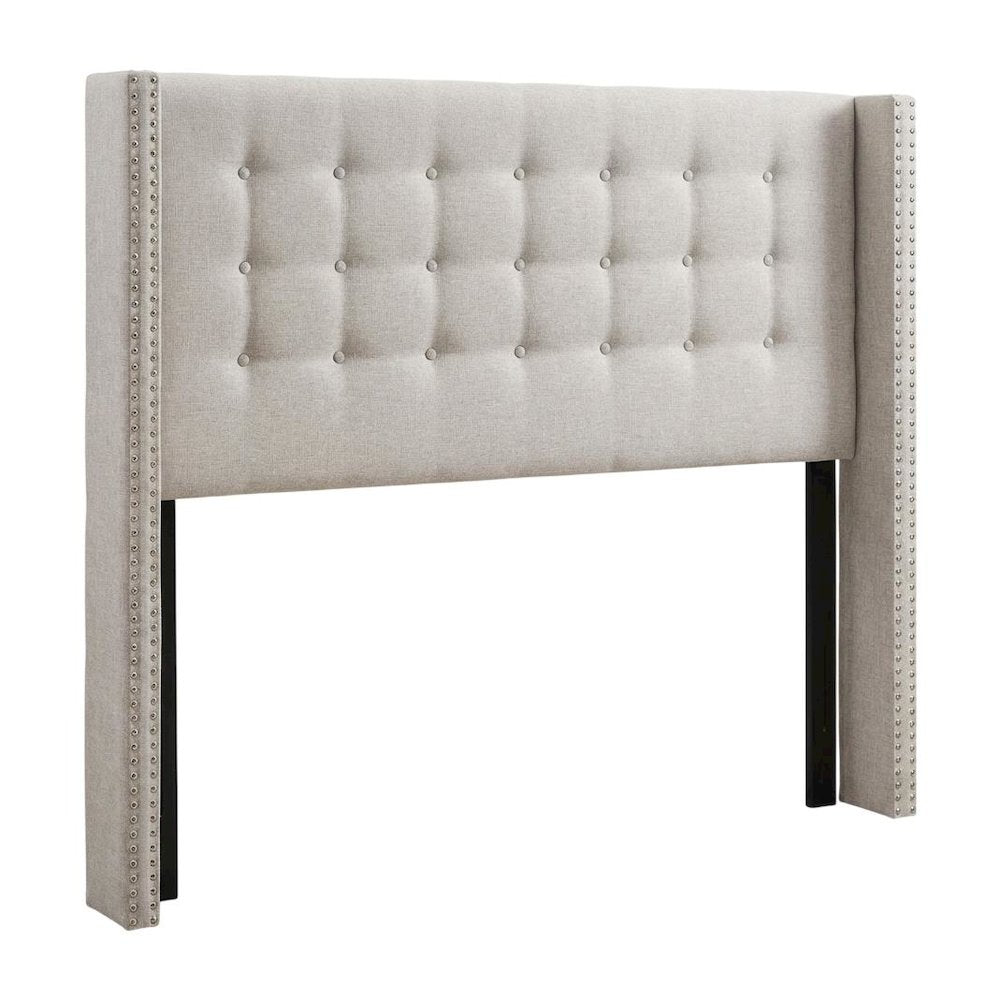 Greyish Beige Fabric King Size Headboard, Button-Tufted Nailhead Winged Design