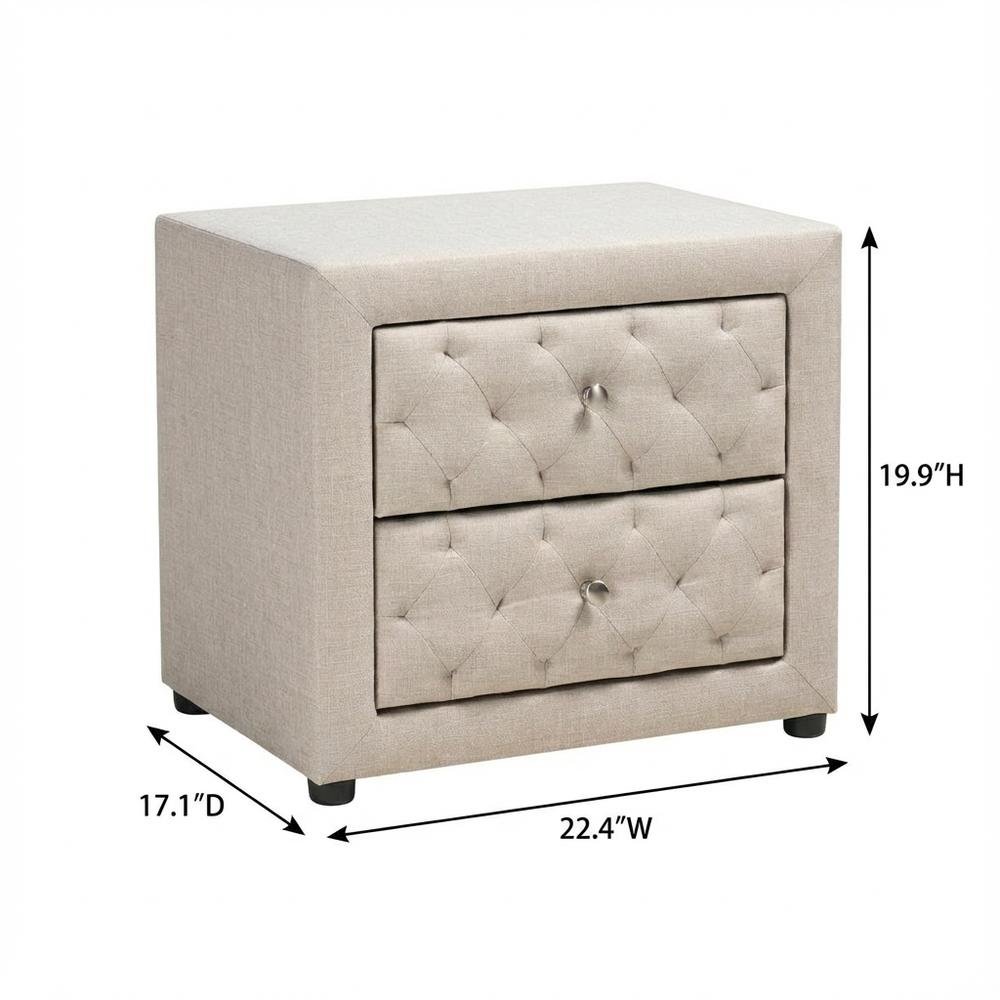 Light Beige Fabric Upholstered Nightstand with Wood Frame and Button Tufting