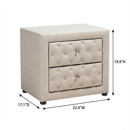 Light Beige Fabric Upholstered Nightstand with Wood Frame and Button Tufting