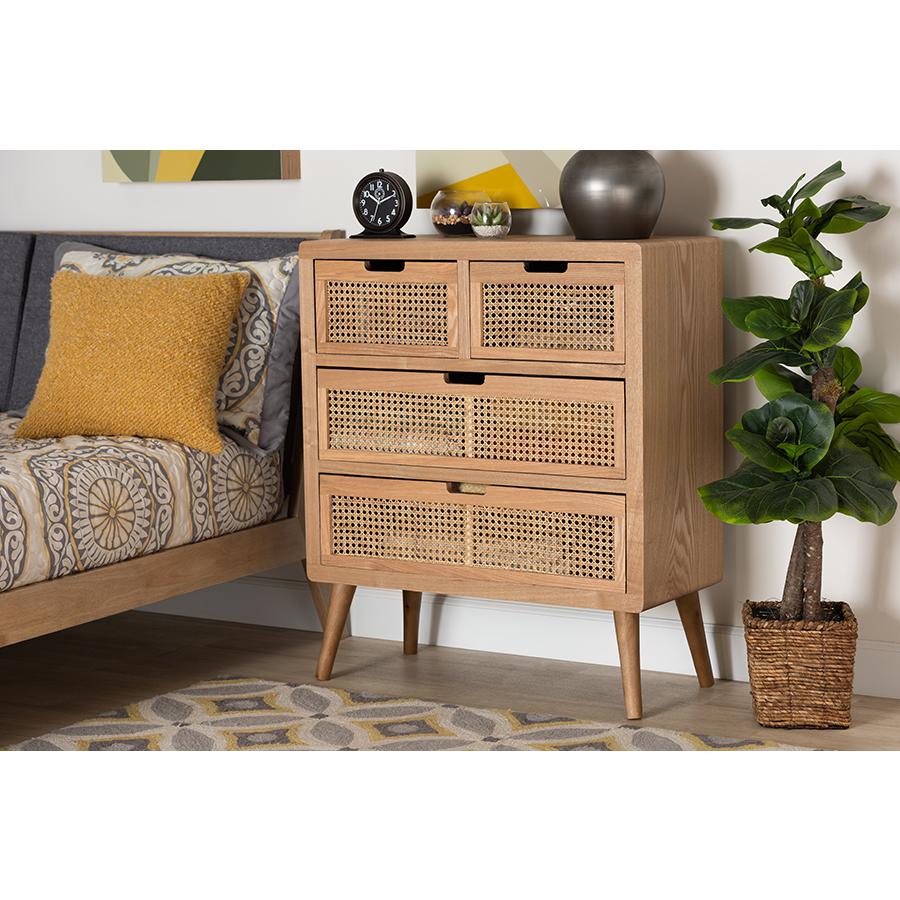 Medium Oak Finished Wood and Rattan 4-Drawer Accent Storage Cabinet