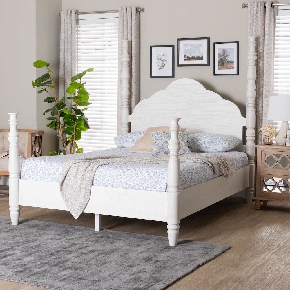 Four-Poster Platform Bed - Sculpted Post Bed Frame, White, King
