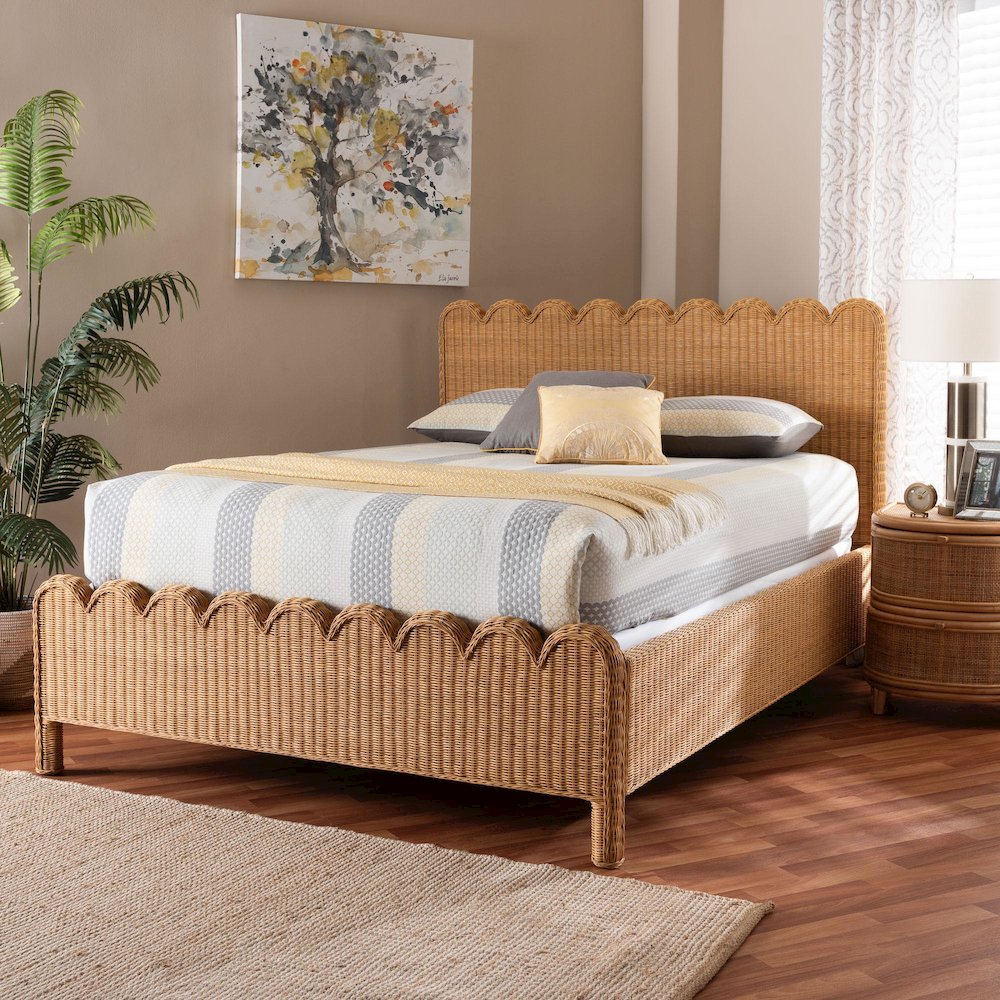 Scalloped Rattan Bed Frame - Handwoven Wicker Headboard and Footboard, King