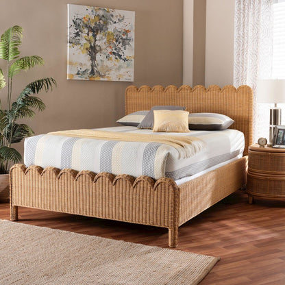 Scalloped Rattan Bed Frame - Handwoven Wicker Headboard and Footboard, King