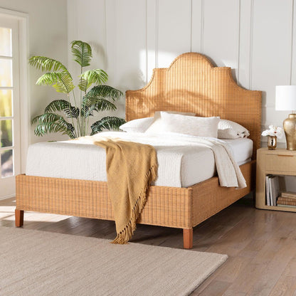 Natural Rattan Bed - Coastal Boho Bed Frame with Scalloped Headboard, King
