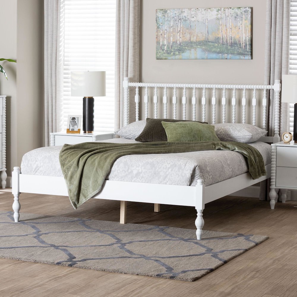 Platform Bed - Turned Bed Frame with Headboard and Sculpted Legs, White, Queen