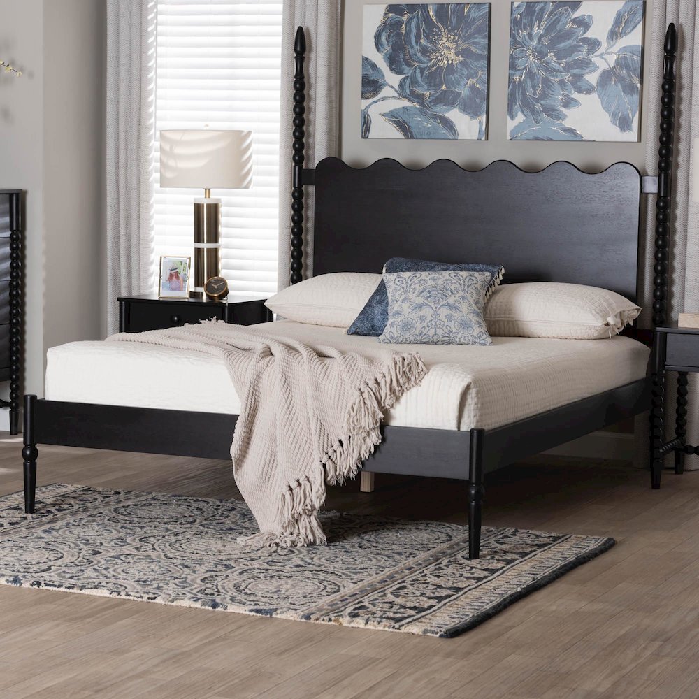 Platform Bed Frame with Scalloped Headboard and Turned Posts, Black, King