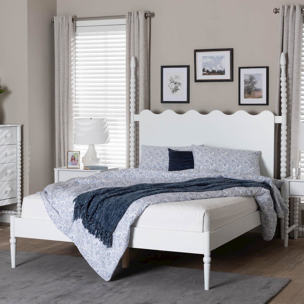 Platform Bed Frame with Scalloped Headboard and Turned Posts, White, King