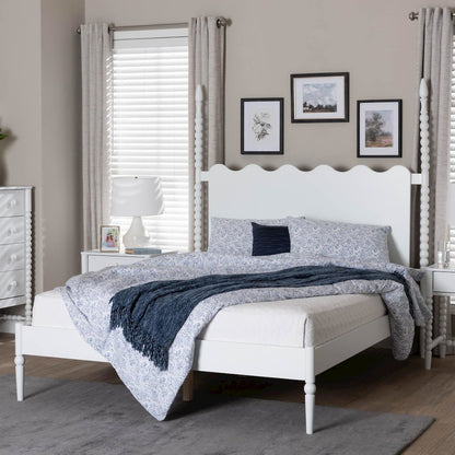 Platform Bed Frame with Scalloped Headboard and Turned Posts, White, King