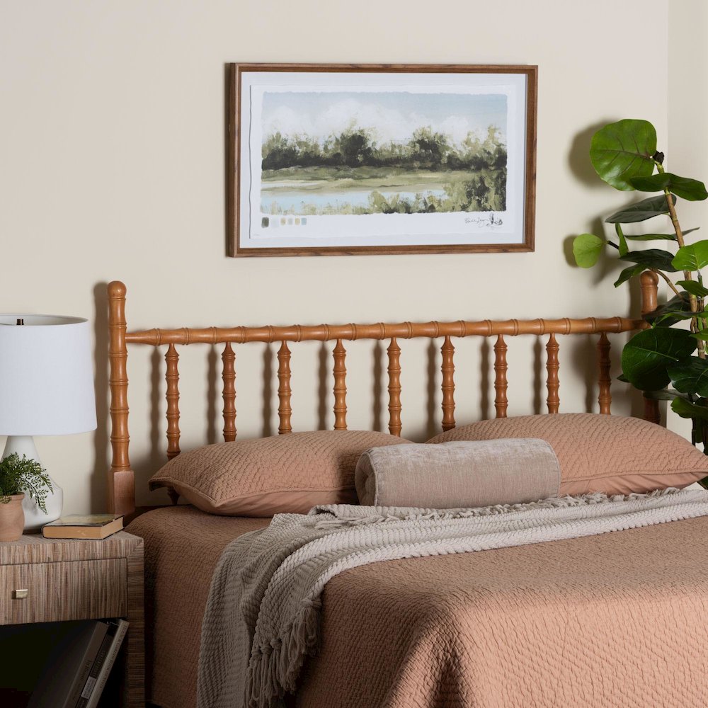 Edaline Bamboo Motif Headboard - Turned Spindle Design, Boho, King, Oak Brown