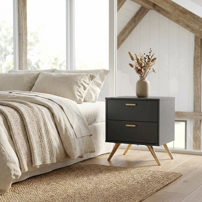 Contemporary Nightstand in Dark Grey and Gold Finish with Wooden Frame
