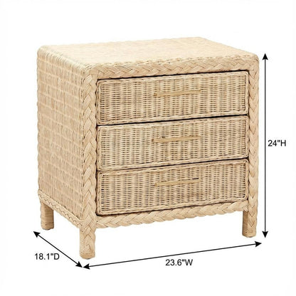 Japandi Sun Bleached Rattan Nightstand with 3 Drawers and Natural Finish