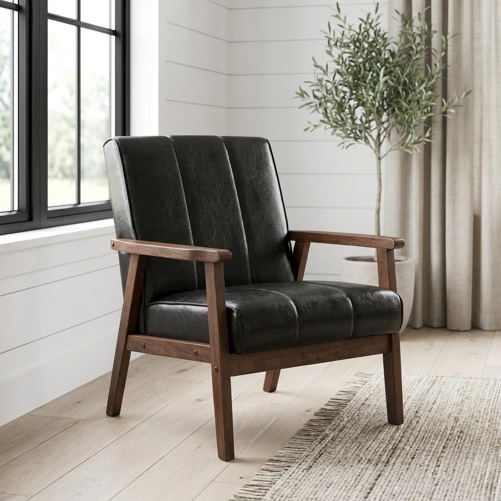 Black Faux Leather Scandinavian Lounge Chair with Wooden Frame