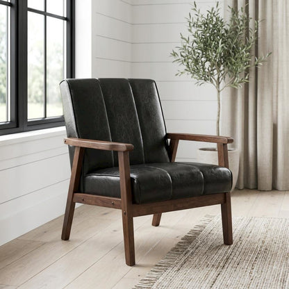 Black Faux Leather Scandinavian Lounge Chair with Wooden Frame