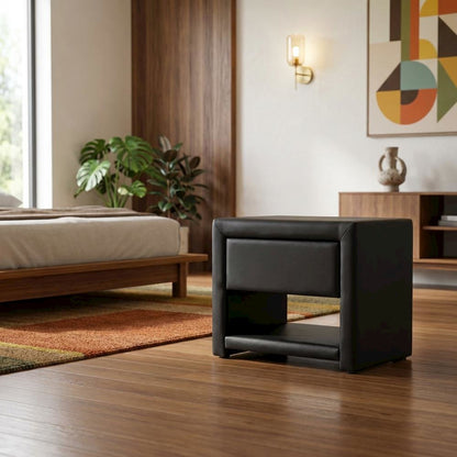 Black Upholstered Nightstand with Faux Leather and Wood Finish