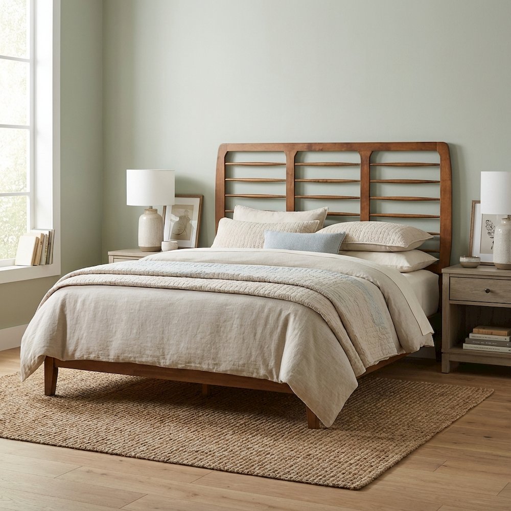 Walnut Finished Mid-Century Queen Headboard in Rubberwood Frame