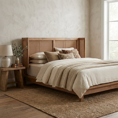 Brown Rubber Wood Queen Size Headboard with Wrap-Around Design and Modern Style