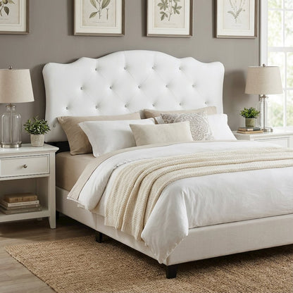 White Faux Leather Headboard, Button-Tufted Scalloped Design, Hardwood Frame