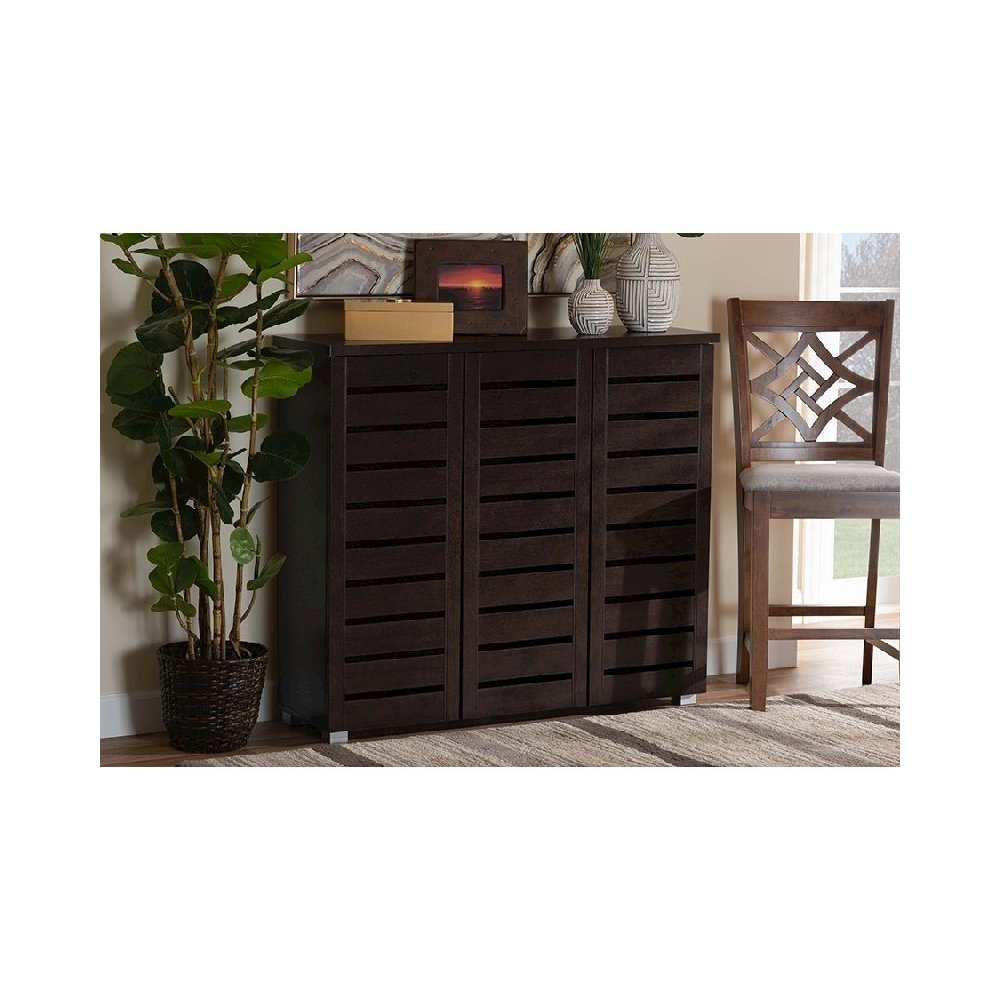 3-Door Dark Brown Wooden Entryway Shoes Storage Cabinet