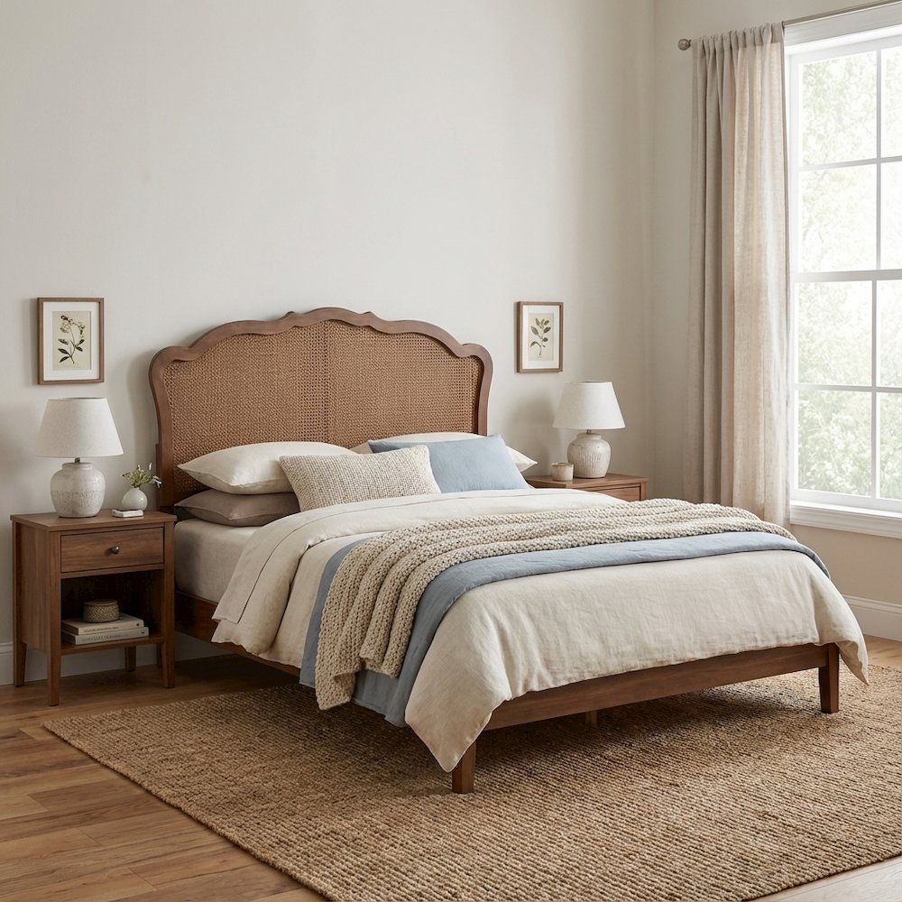 Ash Walnut Wood Queen Headboard with Rattan Panel and Traditional Design