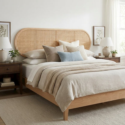 Brown Genuine Rattan Queen Size Headboard, Bohemian Style, Standalone Design