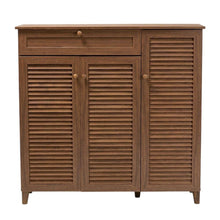 Contemporary Walnut Finish Shoe Storage Cabinet with 11 Shelves and Drawer