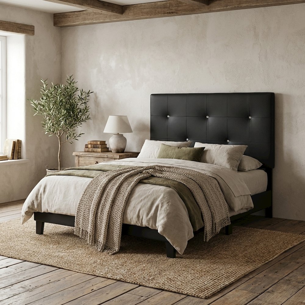 Black Faux Leather Twin Headboard with Padded Upholstery and MDF Frame