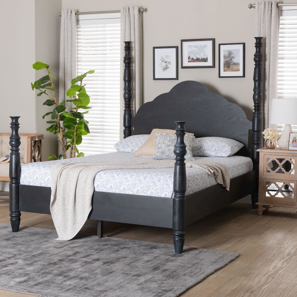 Four-Poster Platform Bed - Sculpted Post Bed Frame, Black, King