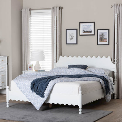 Platform Bed Frame with Scalloped Design and Turned Posts, White, King