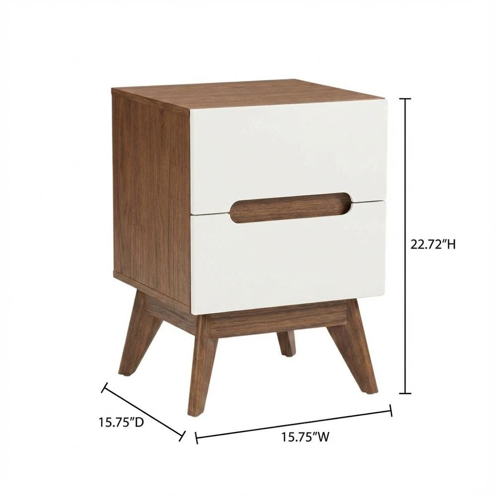 Mid-Century Modern Nightstand with White and Walnut Finish, 3-Drawer Storage