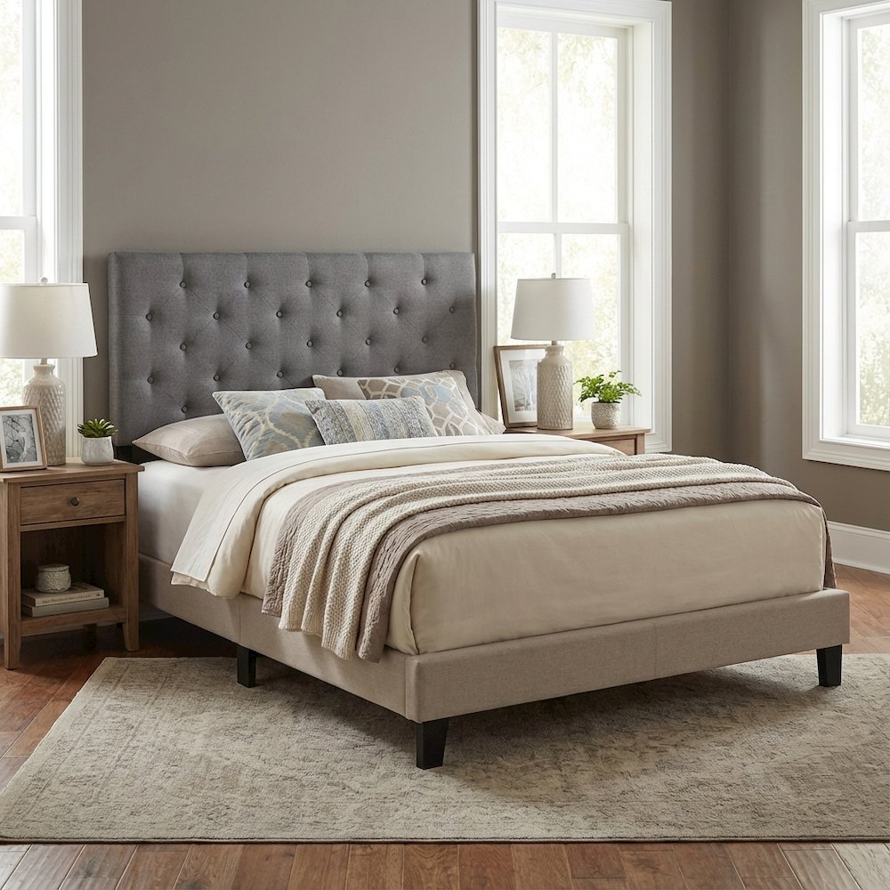 Grey Fabric Upholstered Headboard with Button-Tufted Design and Hardwood Frame