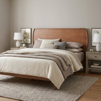 Brown Mid-Century Modern Queen Headboard with Rubberwood Frame and Wood Legs