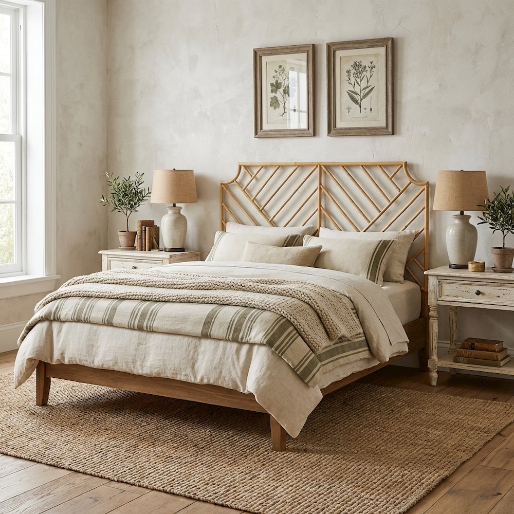 Brown Genuine Rattan Wall-Mount Headboard Queen Size Bohemian Design