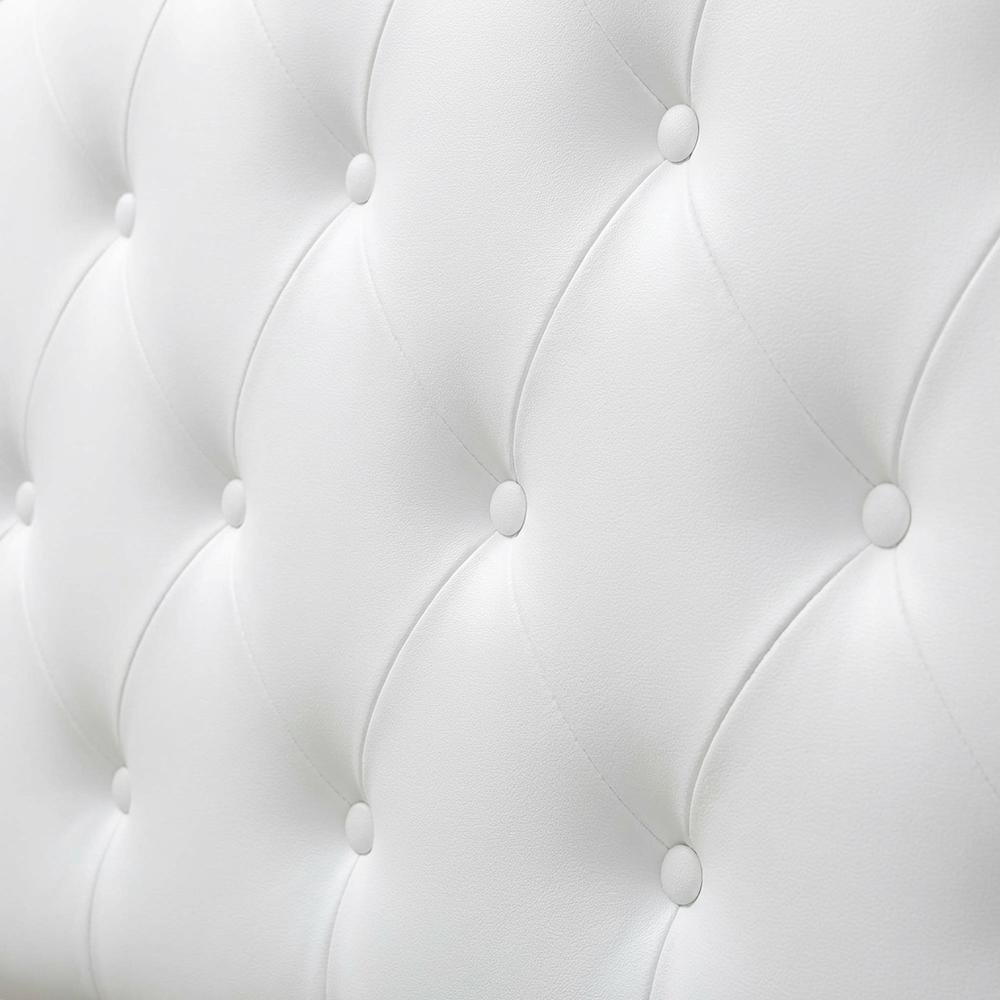 White Faux Leather Queen Headboard, Button-Tufted, Scalloped Design Hardwood