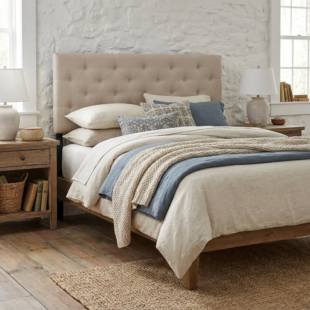 Light Beige Button-Tufted Queen Headboard with Fabric Upholstery Hardwood Frame