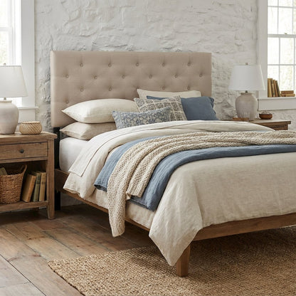 Light Beige Button-Tufted Queen Headboard with Fabric Upholstery Hardwood Frame