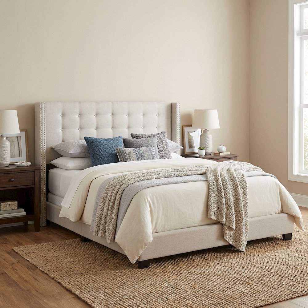 Greyish Beige Fabric King Size Headboard, Button-Tufted Nailhead Winged Design