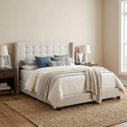 Greyish Beige Fabric King Size Headboard, Button-Tufted Nailhead Winged Design